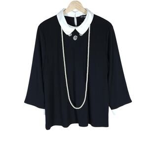 Karl Lagerfeld Paris Womens Blouse Large Black White Collar Pearl Luxury Fashion